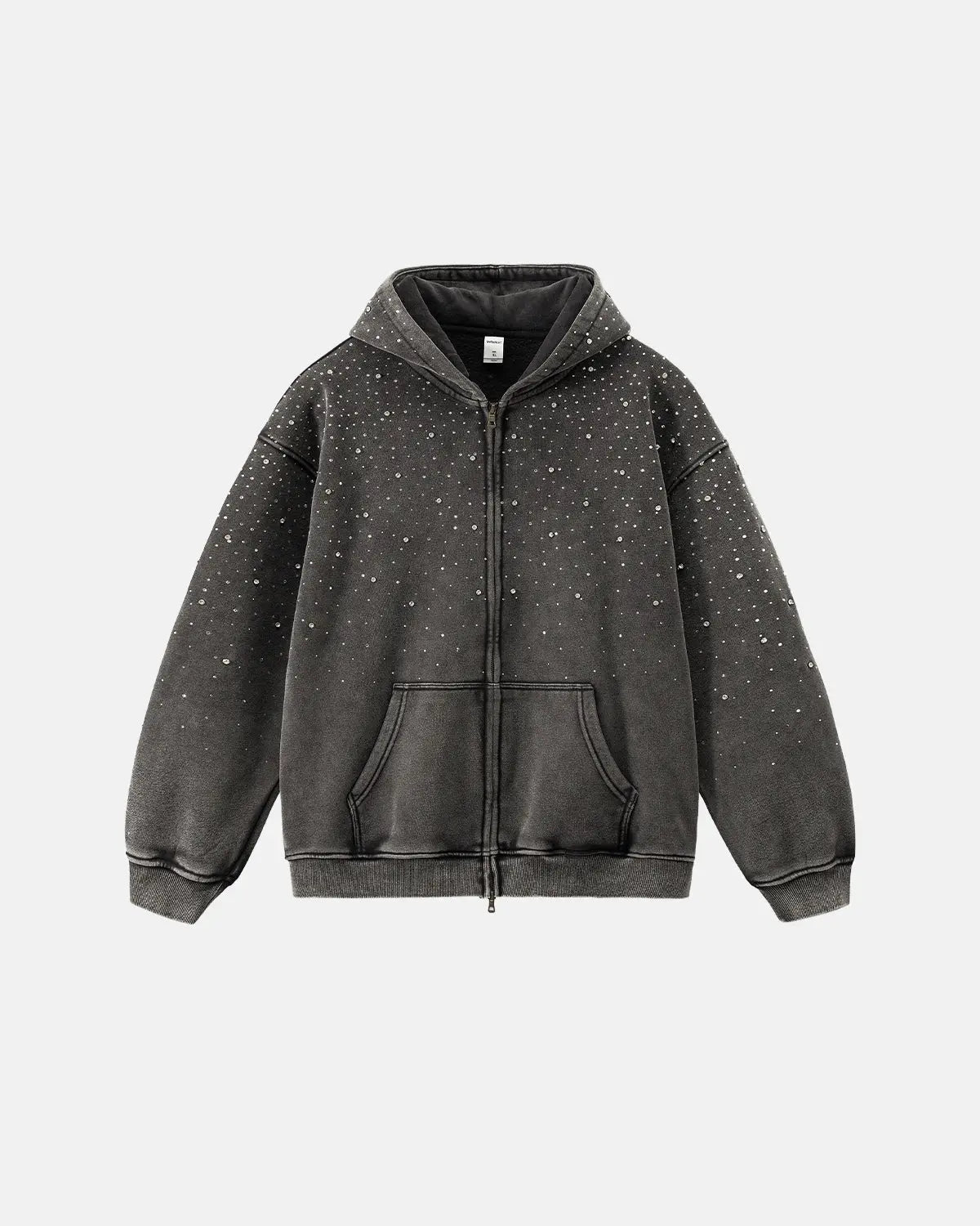Distressed Washed Fleece Rhinestone Zip Up Hoodies | LCDEGO Streetwear
