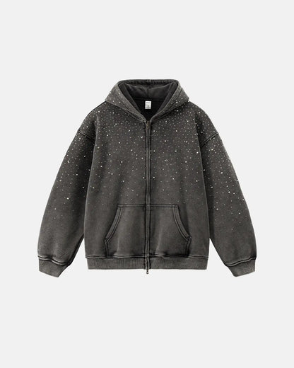 Distressed Washed Fleece Rhinestone Zip Up Hoodies | LCDEGO Streetwear