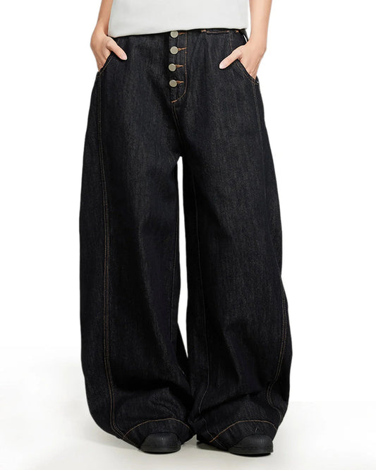 Black Buttons Up Barrel Baggy Jeans | LCDEGO Streetwear