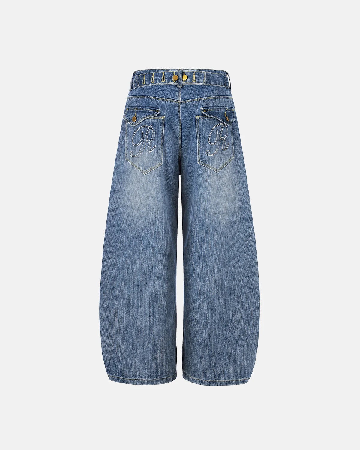 Washed blue bamboo weave baggy jeans front view