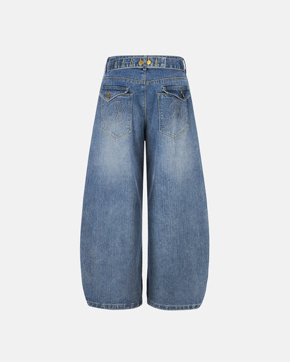 Washed blue bamboo weave baggy jeans front view