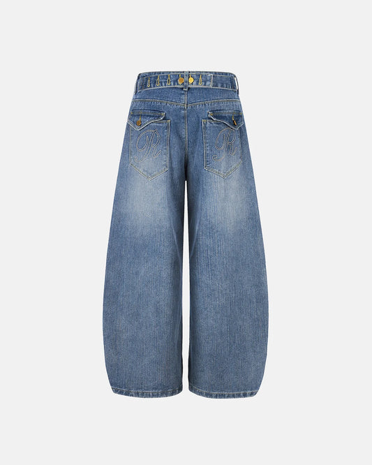 Washed blue bamboo weave baggy jeans front view