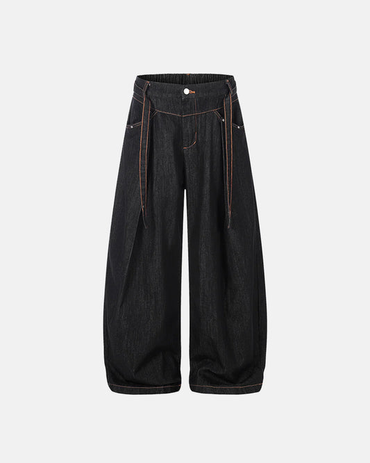 contrast stitch raw barrel jeans
