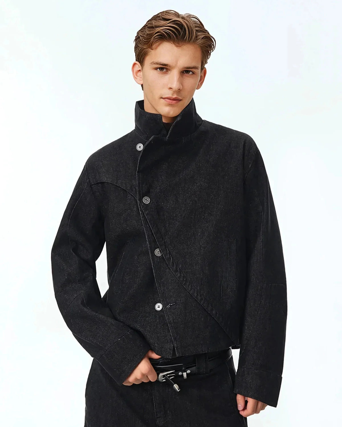 Cropped Asymmetric Button Denim Jacket | LCDEGO Streetwear
