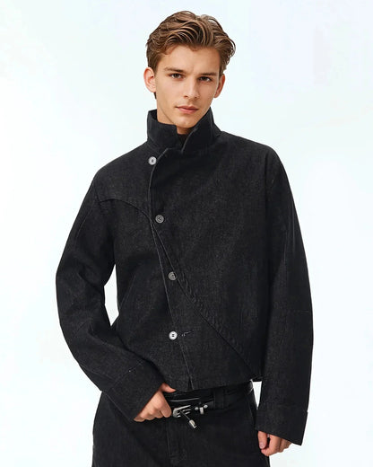 Cropped Asymmetric Button Denim Jacket | LCDEGO Streetwear