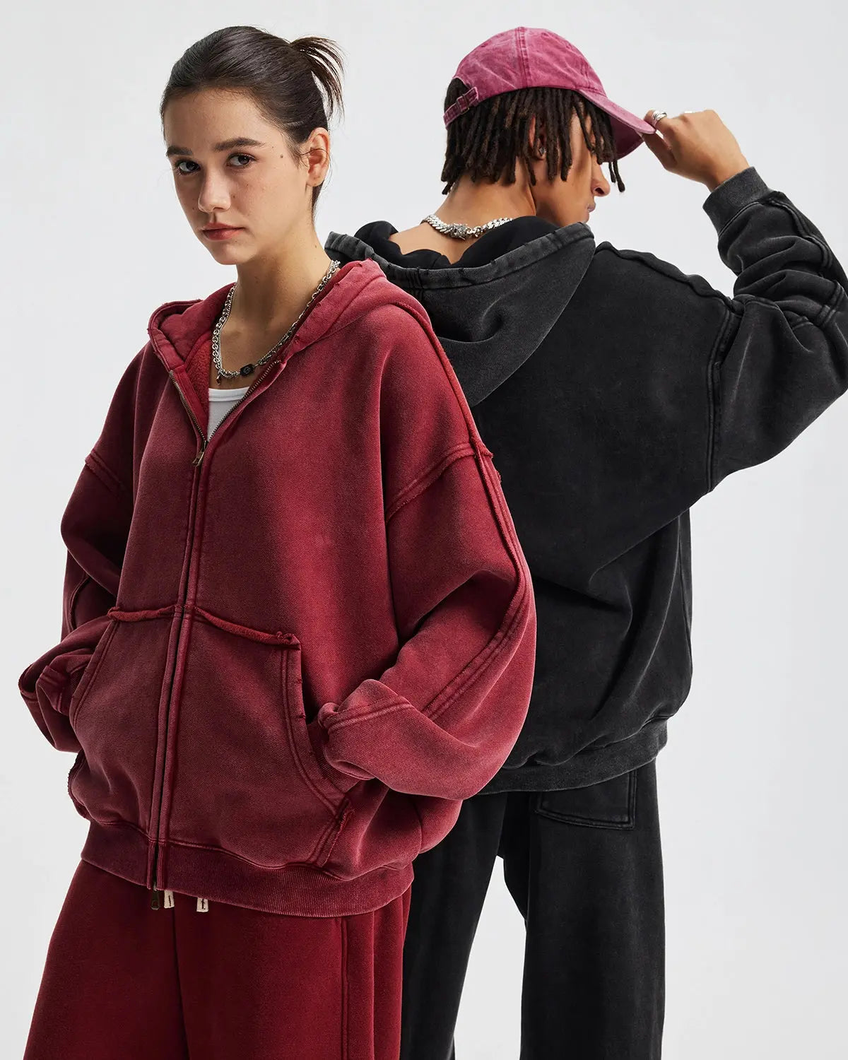 Distressed Acid Wash Double Zip Up Hoodies | LCDEGO Streetwear