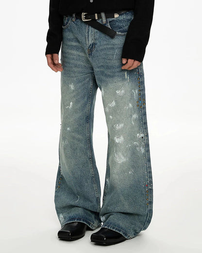Acid Wash Beaded Studded Flared Baggy Jeans | LCDEGO Streetwear