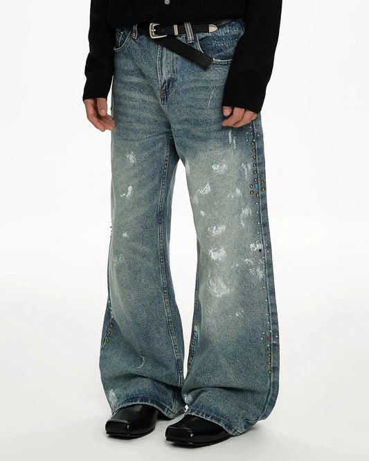 Acid Wash Beaded Studded Flared Baggy Jeans | LCDEGO Streetwear