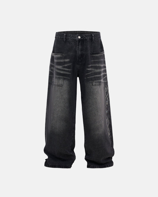 Whiskered Rhinestone Baggy Denim Jeans | LCDEGO Streetwear