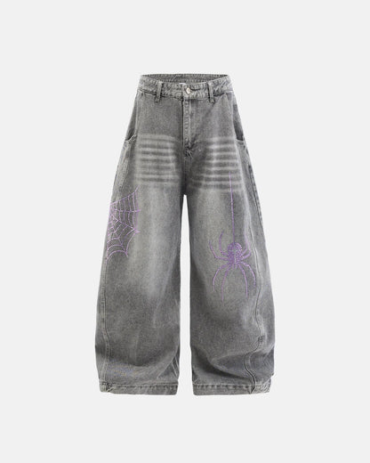 Spider Graphic Rhinestone Barrel Jeans | LCDEGO Streetewear