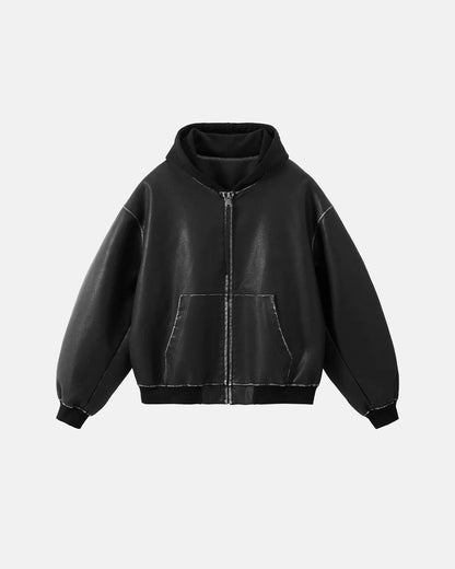 Faux Leather Hooded Bomber Jacket| LCDEGO Streetwear
