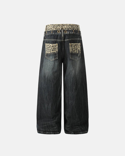 Leopard Pactchwork Double Waist Baggy Jeans | LCDEGO Streetwear