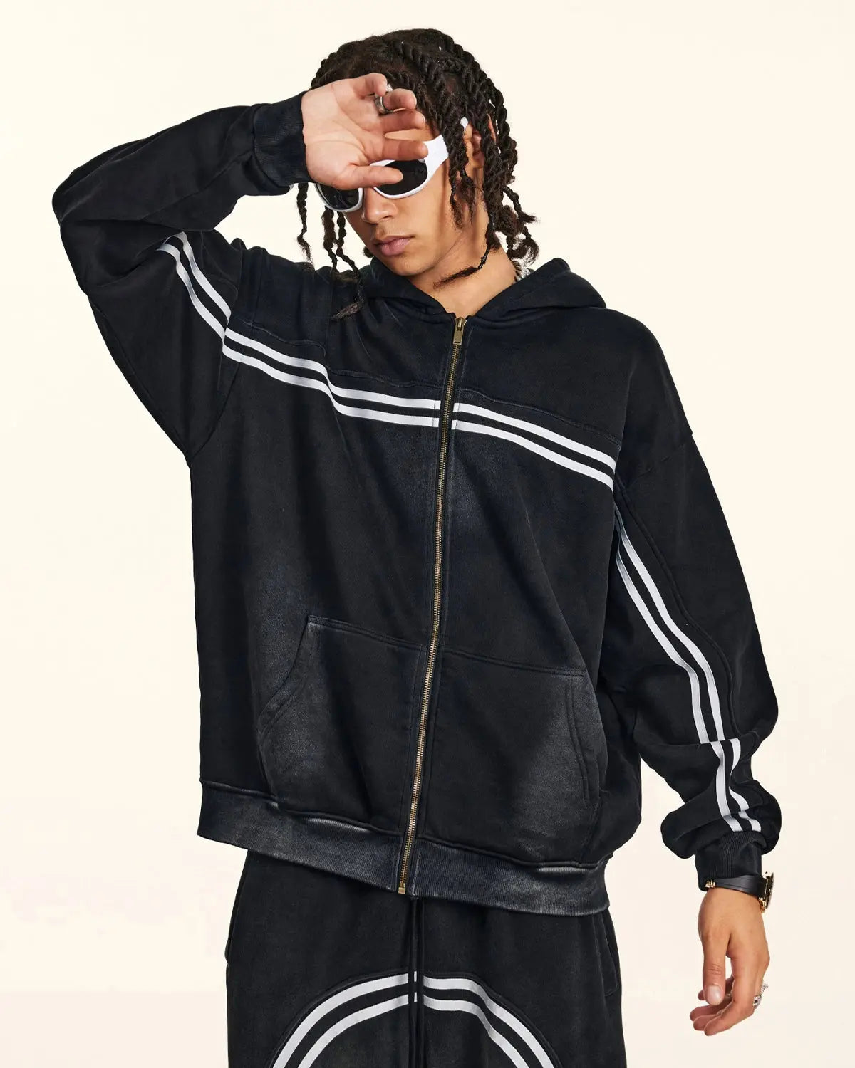 Striped Acid Wash Zip Up Hoodies | LCDEGO Streetwear