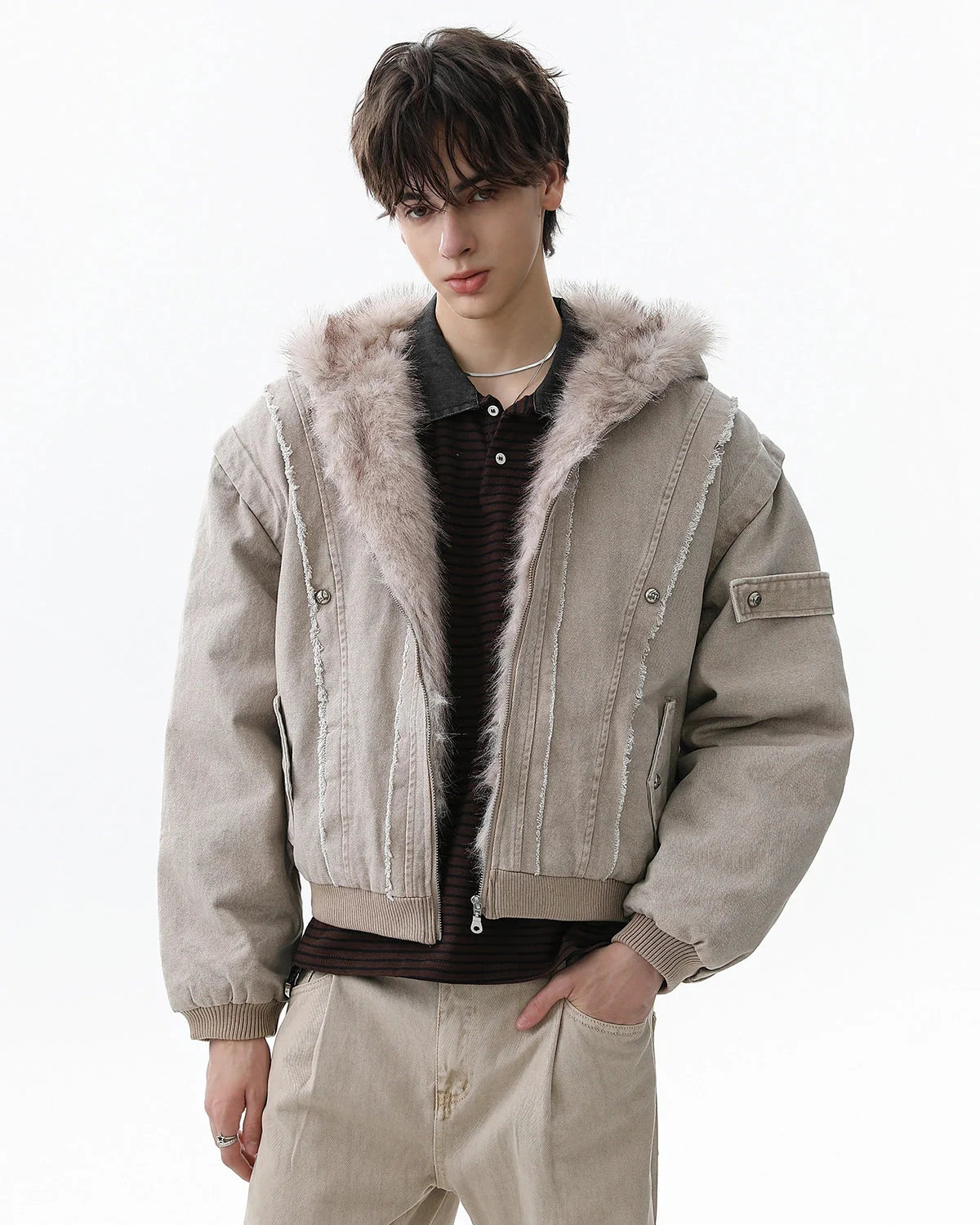 Faux Fur Lined Washed Hooded Jacket | LCDEGO Streetwear