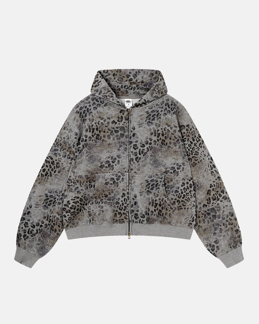leopard print boxy zip hoodie front view