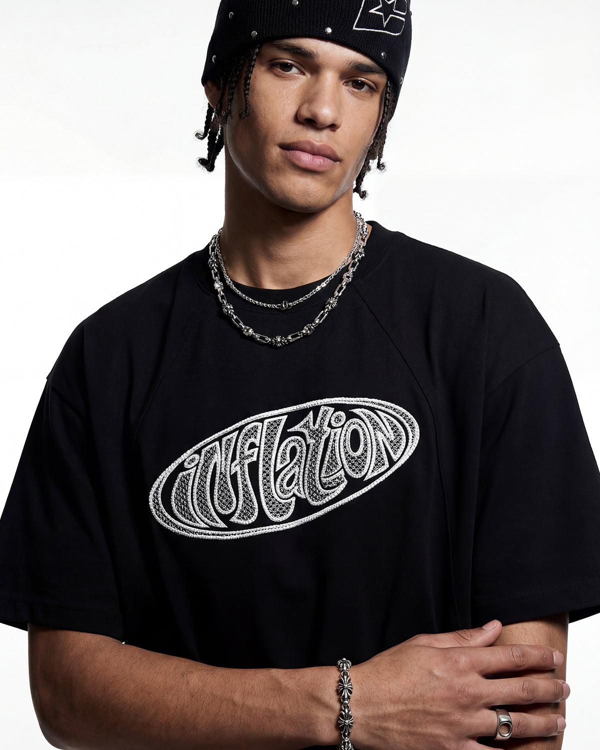 black hollow embroidered T-shirt front view