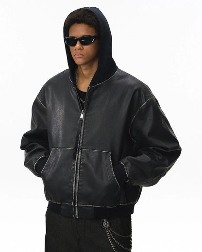 Faux Leather Hooded Bomber Jacket| LCDEGO Streetwear