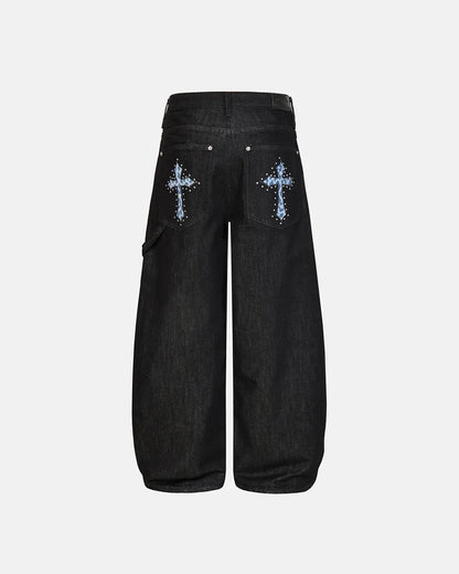 Cross Rhinestone Embroidered Baggy Jeans | LCDEGO Streetwear