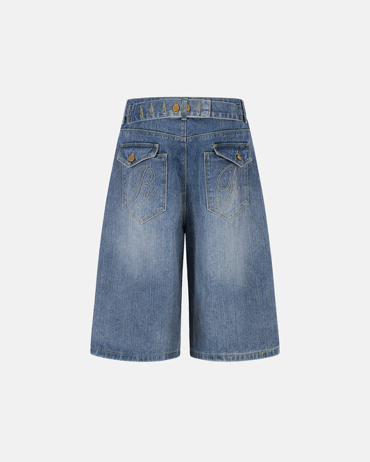washed baggy denim jorts with adjustable waist tabs and embroidery pockets