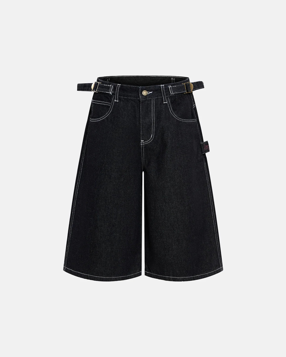 raw denim baggy jorts with adjustable waist tabs and wide-leg fit
