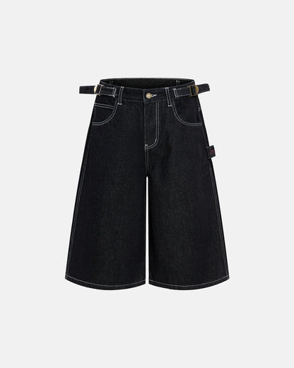 raw denim baggy jorts with adjustable waist tabs and wide-leg fit