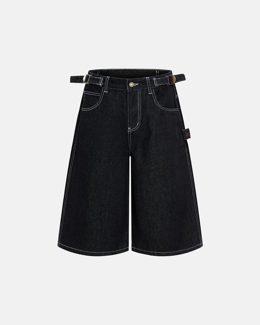 raw denim baggy jorts with adjustable waist tabs and wide-leg fit