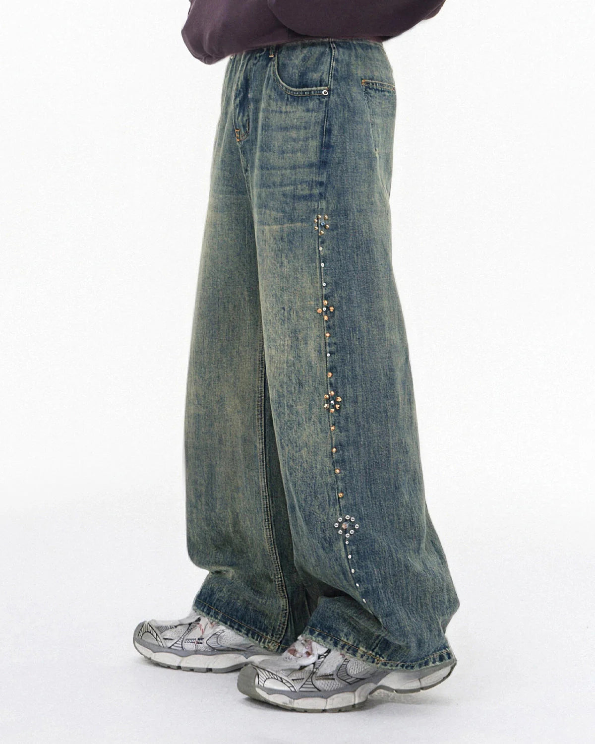 Acid Wash Beaded Studded Flared Baggy Jeans | LCDEGO Streetwear