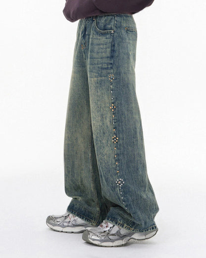 Acid Wash Beaded Studded Flared Baggy Jeans | LCDEGO Streetwear