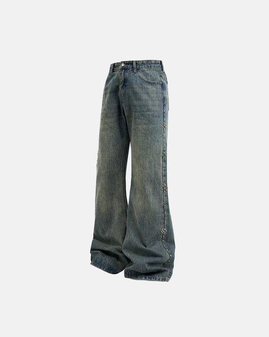 Acid Wash Beaded Studded Flared Baggy Jeans | LCDEGO Streetwear