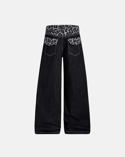Leopard Patchwork Raw Straight-leg Jeans | LCDEGO Streetwear