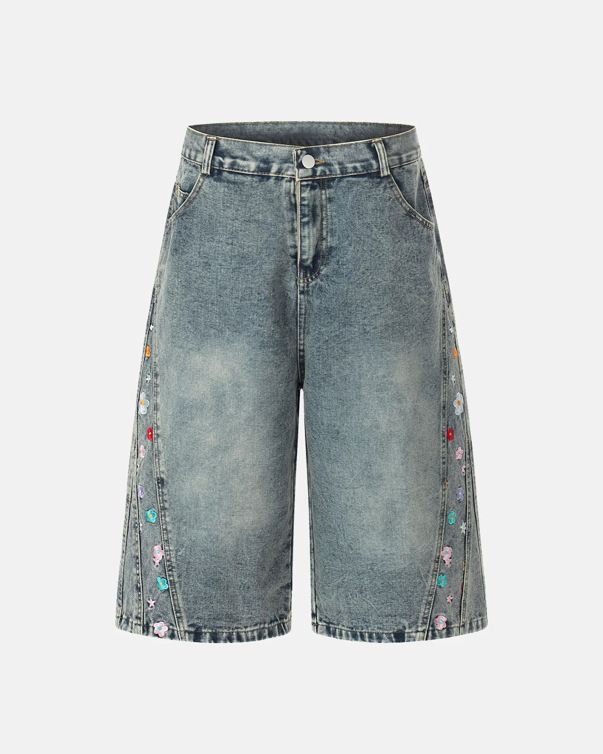 Floral Embroidered Long Baggy Jorts | LCDEGO Streetwear