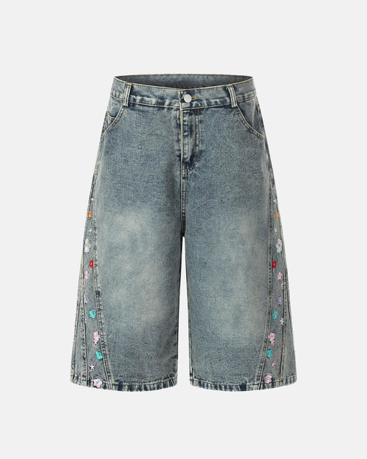 Floral Embroidered Long Baggy Jorts | LCDEGO Streetwear