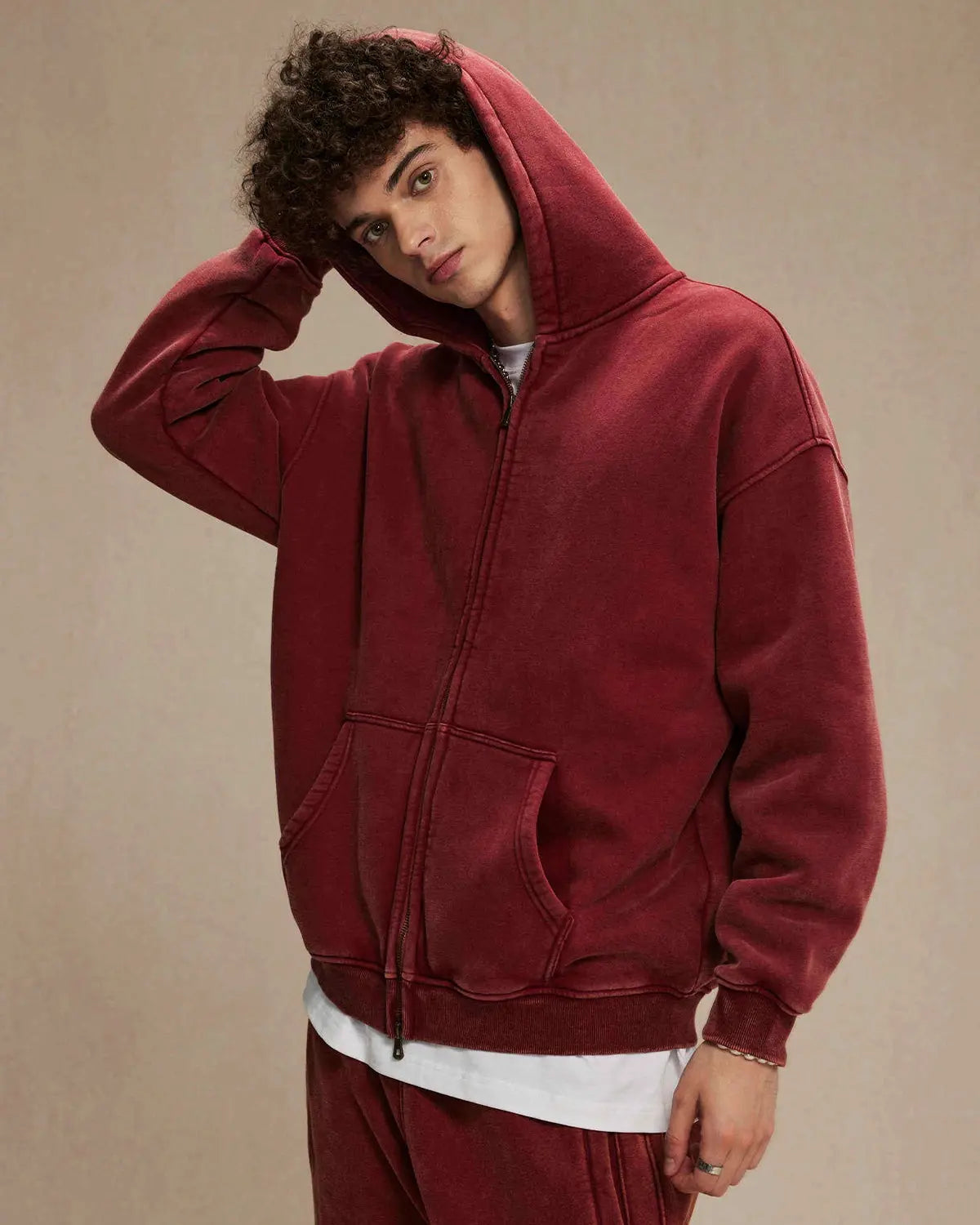 LCDEGO Washed Distressed Fleece Zip Up Hoodies