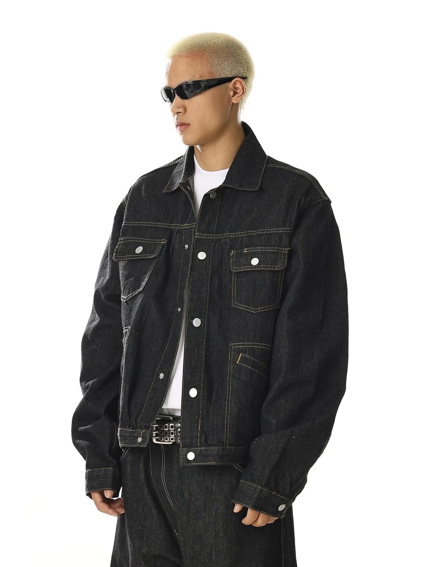 Black Multi Pockets Denim Jacket | LCDEGO Streetwear