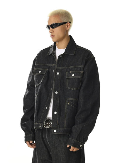 Black Multi Pockets Denim Jacket | LCDEGO Streetwear