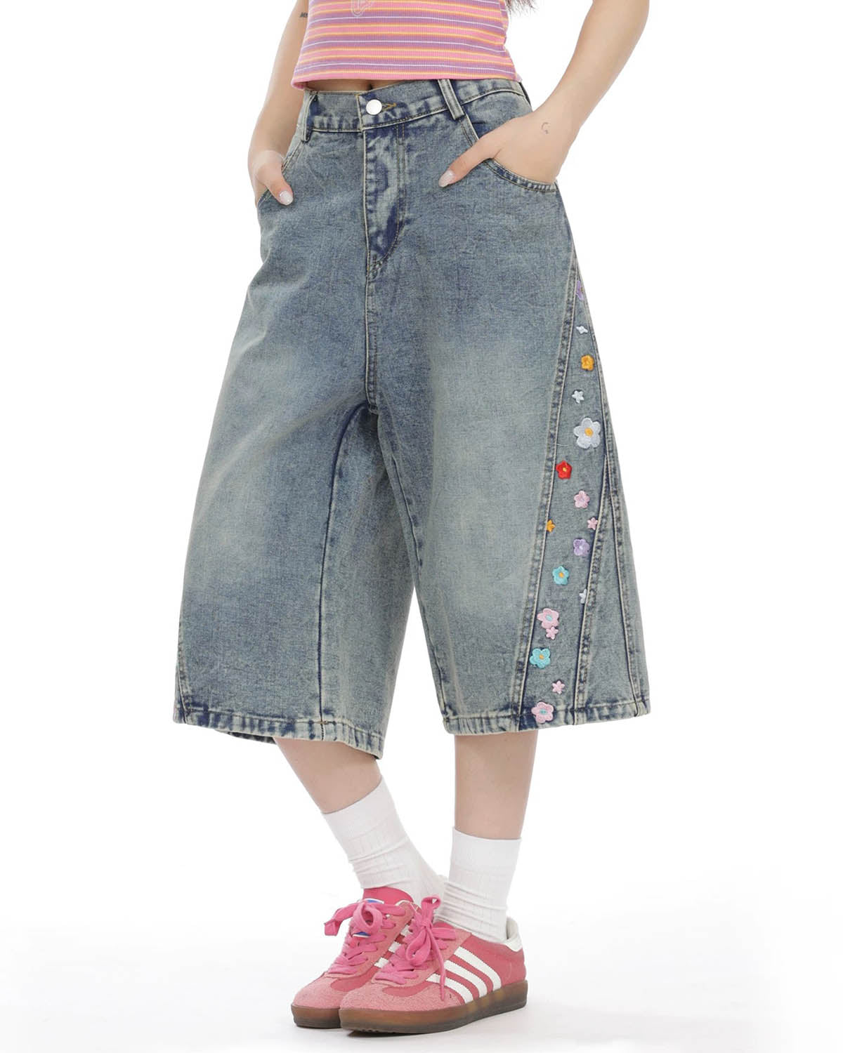 Floral Embroidered Long Baggy Jorts | LCDEGO Streetwear