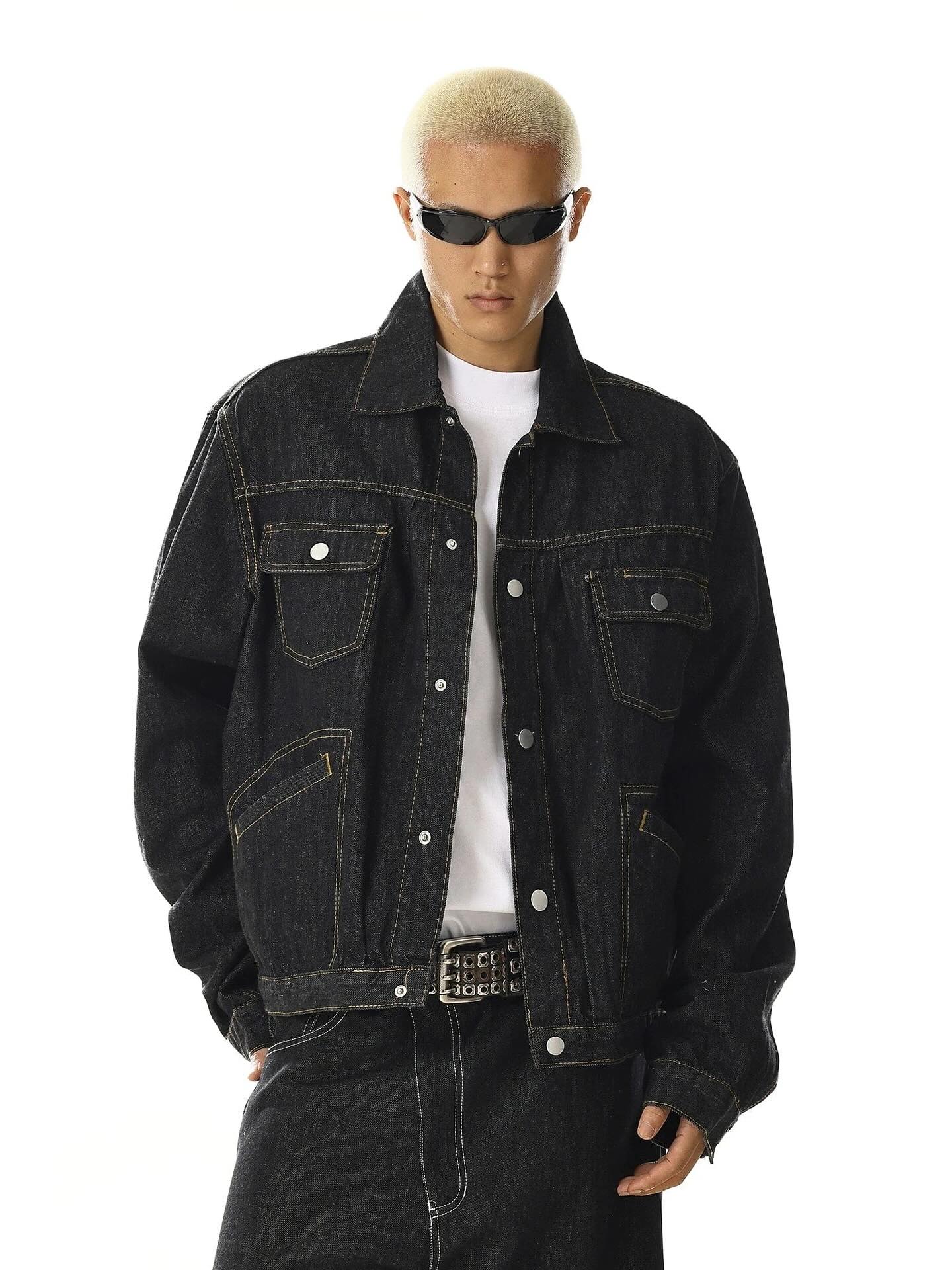 Black Multi Pockets Denim Jacket | LCDEGO Streetwear