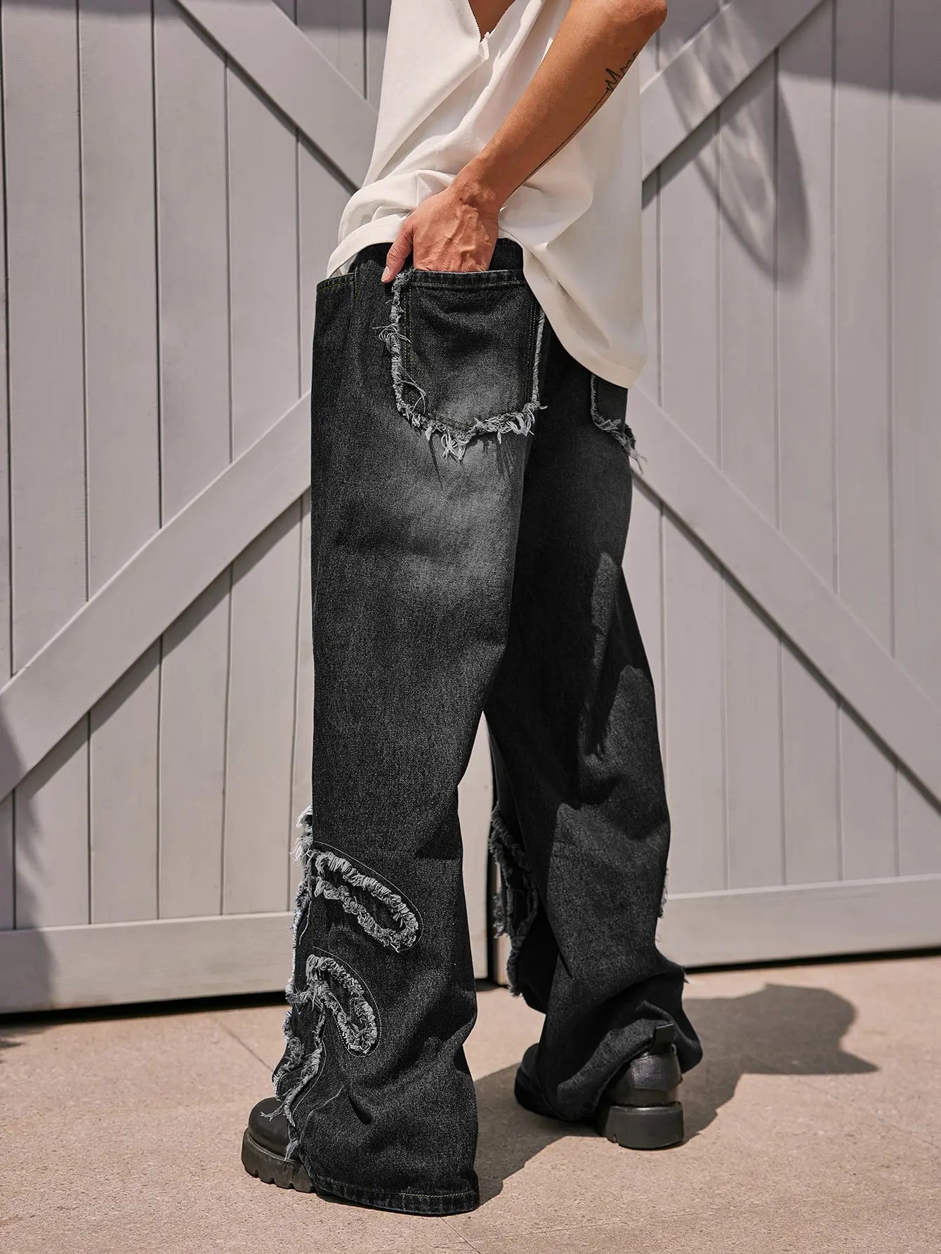 Black Distressed Fringe Jeans | LCDEGO Streetwear