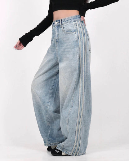 Acid Wash Striped Side Baggy Jeans | LCDEGO Streetwear