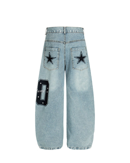 Star Embroidered Pocket Barrel Jeans | LCDEGO Streetwear