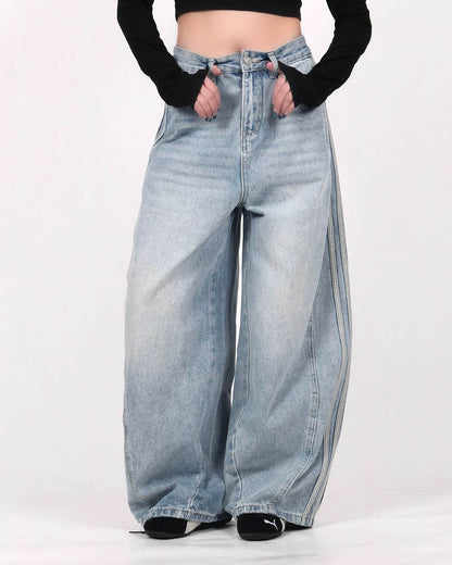 Acid Wash Striped Side Baggy Jeans | LCDEGO Streetwear