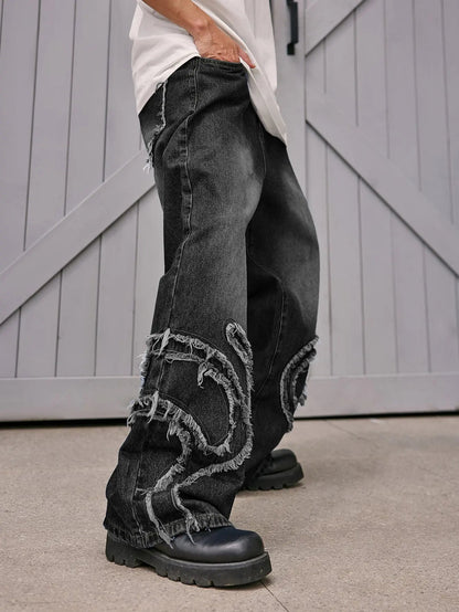 Black Distressed Fringe Jeans | LCDEGO Streetwear