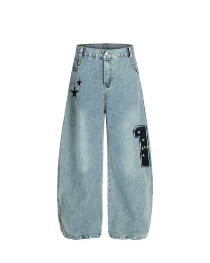 Star Embroidered Pocket Barrel Jeans | LCDEGO Streetwear