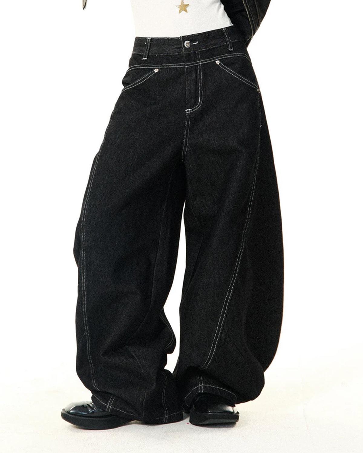 Black Stitching Barrel Jeans | LCDEGO Streetwear