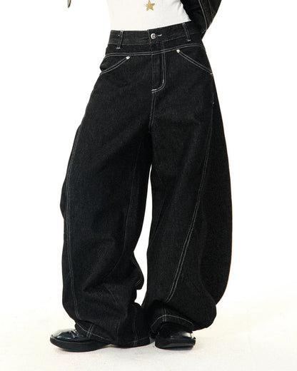 Black Stitching Barrel Jeans | LCDEGO Streetwear