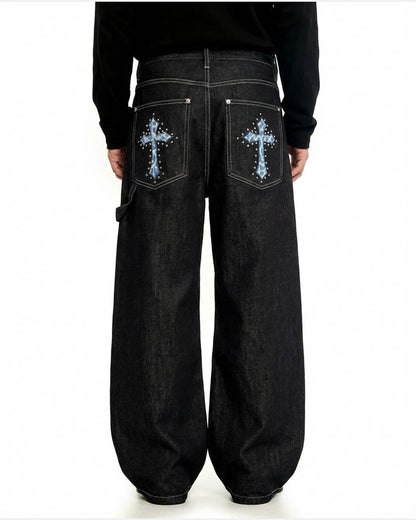 Cross Rhinestone Embroidered Baggy Jeans | LCDEGO Streetwear