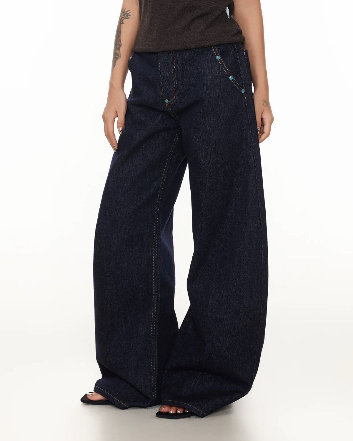 Turquoise Button Rivet Baggy Jeans | LCDEGO Streetwear