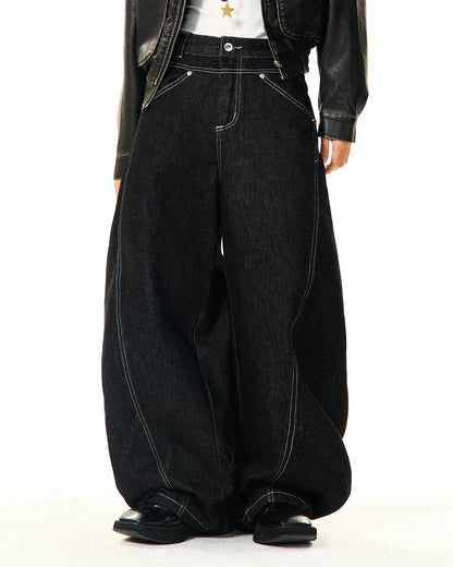 Black Stitching Barrel Jeans | LCDEGO Streetwear