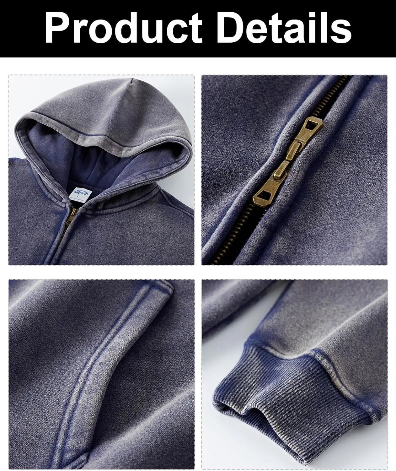 LCDEGO Vintage Washed Zip Up Hoodie