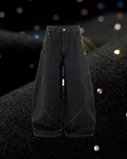Colorful Rhinestone Raw Barrel Jeans | LCDEGO Streetwear